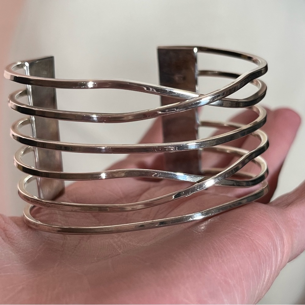 Sterling Silver .925 Modernist Art Deco minimalist Heavy Wide Cuff Bracelet - Picture 6 of 17